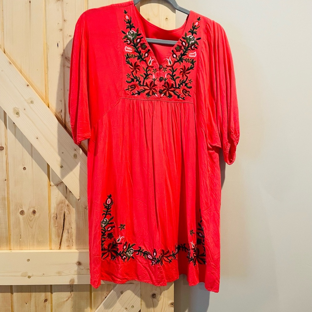 Bright Coral Embroidered Swimsuit Cover-Up